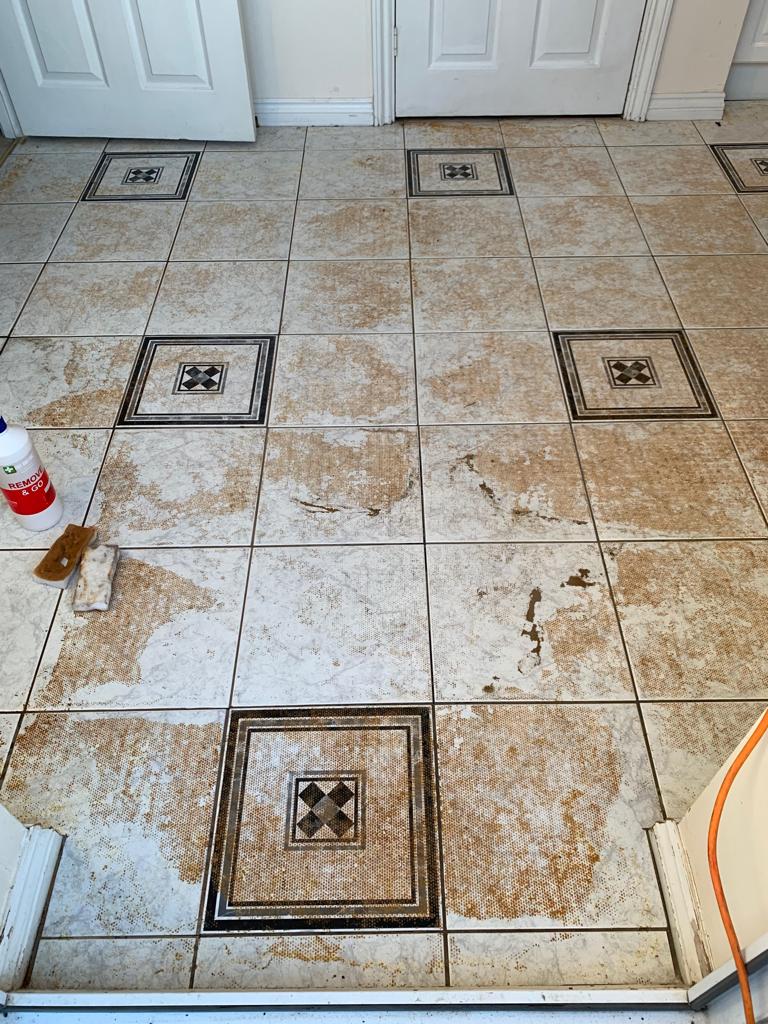 Ceramic Tiles with Carpet Adhesive Contamination Before Cleaning Measham