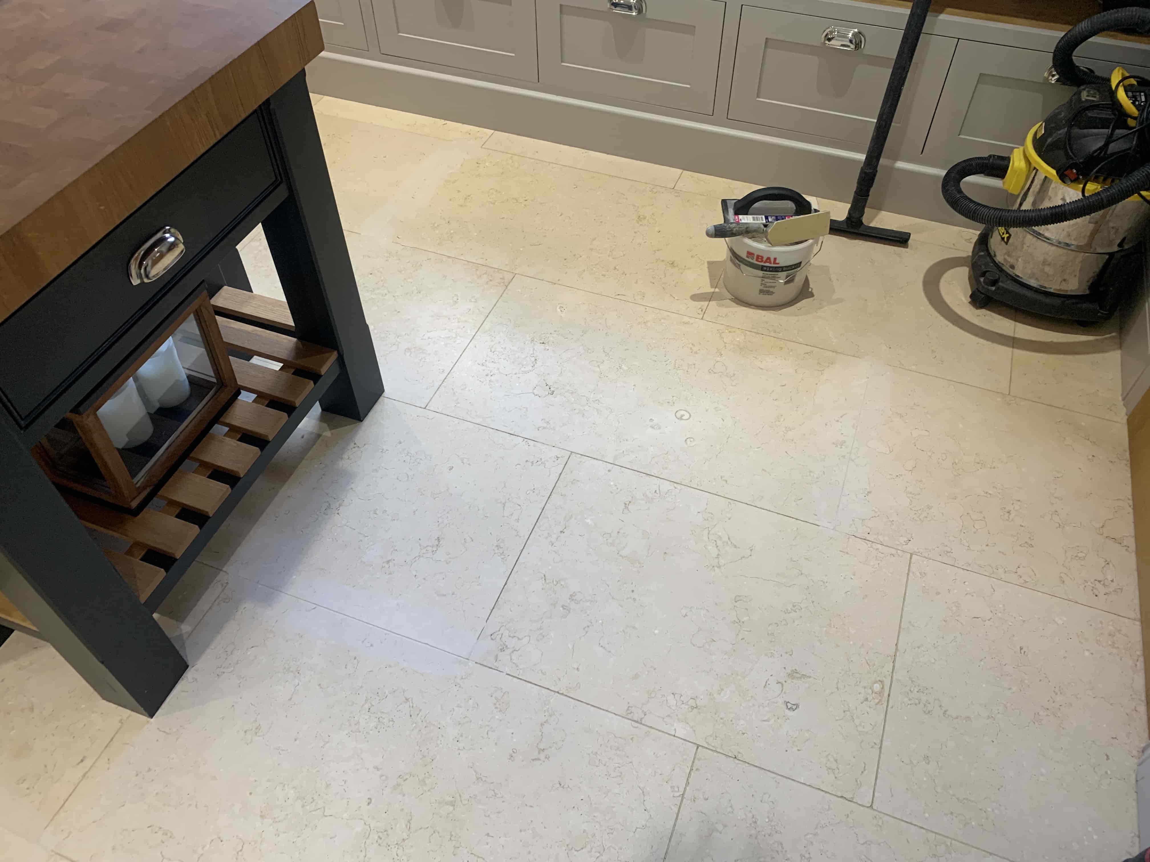 Jura Cream Honed Limestone Floor During Grout Cleaning South Kilworth